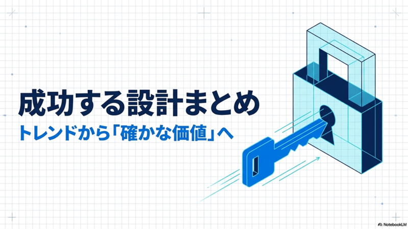 成功する設計まとめ トレンドから「確かな価値」へと書いたテキストと鍵と南京錠のイラストの写真