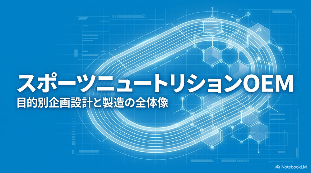 スポーツニュートリションOEM　目的別企画設計と製造の全体像と書いたテキストと陸上トラックと化学式のイラストの写真
