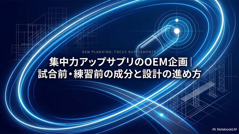 集中力アップサプリのOEM企画｜試合前・練習前の成分と設計の進め方と書いたテキストとカプセルや骨組みのイラストの写真