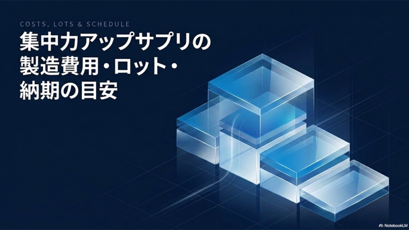 集中力アップサプリの製造費用・ロット・納期の目安と書いたテキストとブロックのイラストの写真