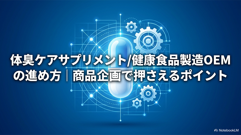 体臭ケアサプリメント/健康食品製造OEMの進め方｜商品企画で押さえるポイントと書いたテキストとカプセルと歯車のイラストの写真