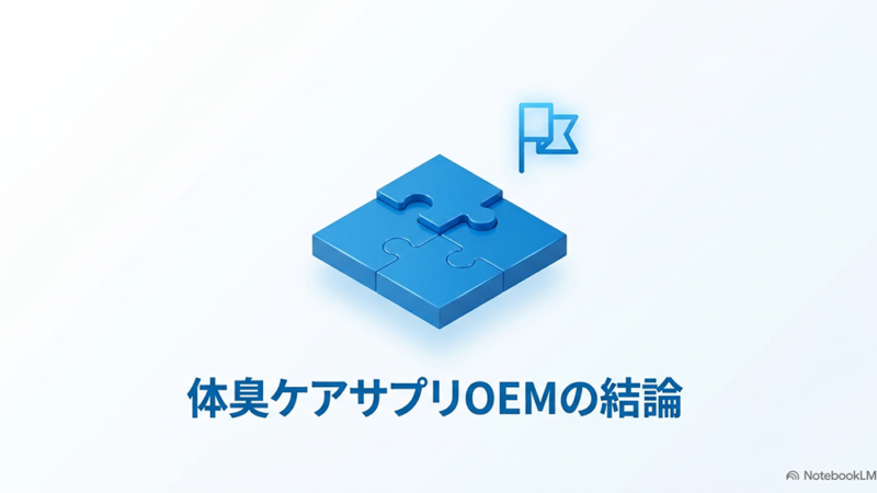 体臭ケアサプリOEMの結論と書いたテキストと完成したパズルと旗のイラストの写真