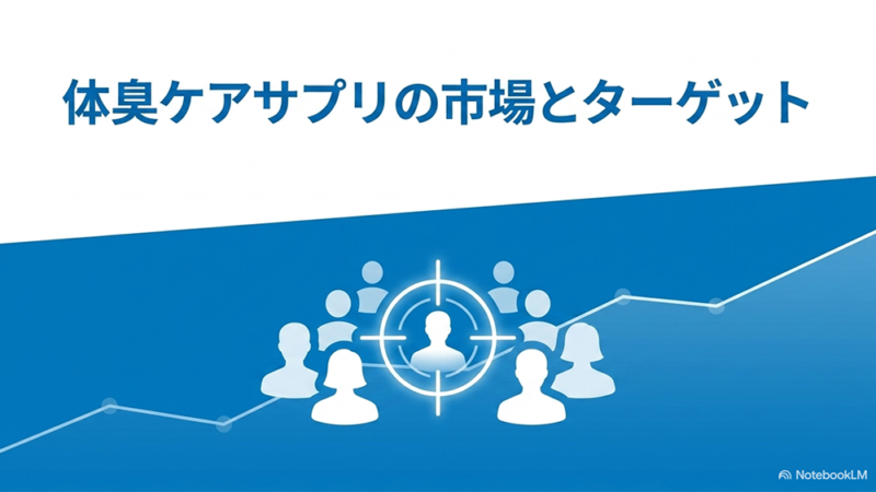 体臭ケアサプリの市場とターゲットと書いたテキストとフォーカスされた人のピクトラムのイラストの写真