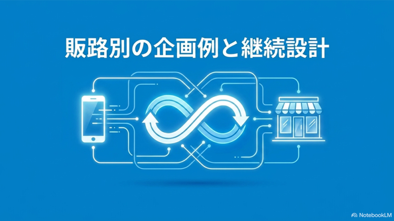 販路別企画例と継続設計と書いたテキストとスマートフォン・ショップをつなぐインフィニティマークのイラストの写真