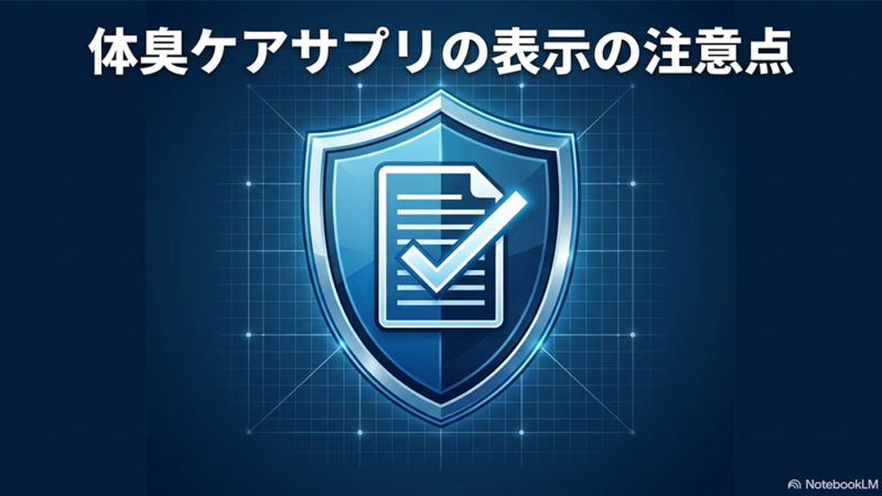 体臭ケアサプリの表示の注意点と書いたテキストとチェックの入った盾のイラストの写真