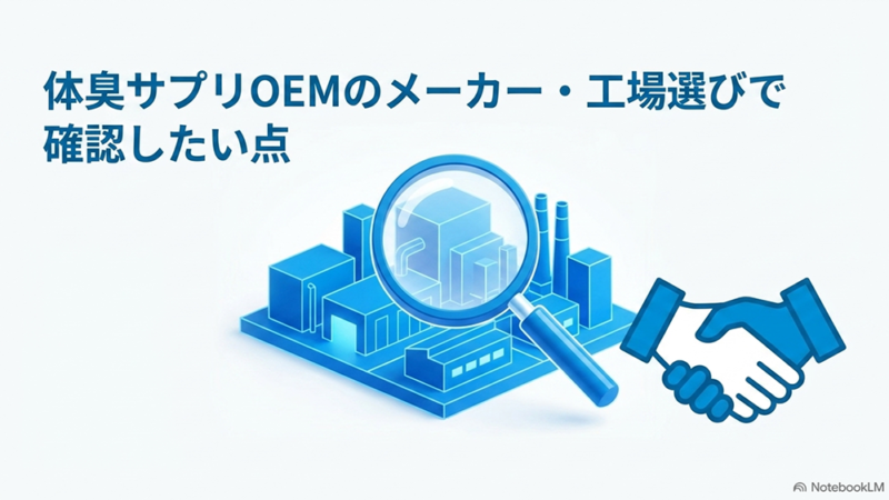 体臭ケアサプリOEMのメーカー・工場選びで確認したい点と書いたテキストと工場と虫眼鏡のイラストの写真