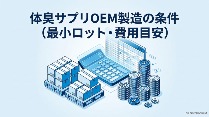 体臭サプリOEM製造の条件（最小ロット・費用目安）と書いたテキストと段ボールや電卓・お金のイラストの写真