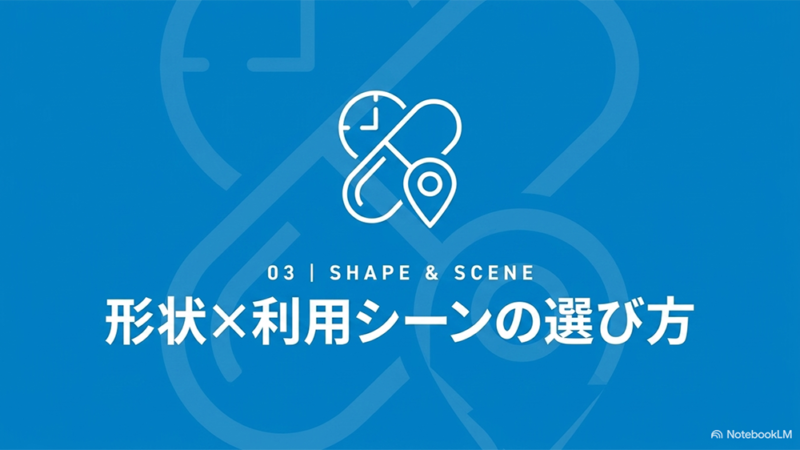 形状×利用シーンの選び方と書いたテキストとカプセルと時計のイラストの写真