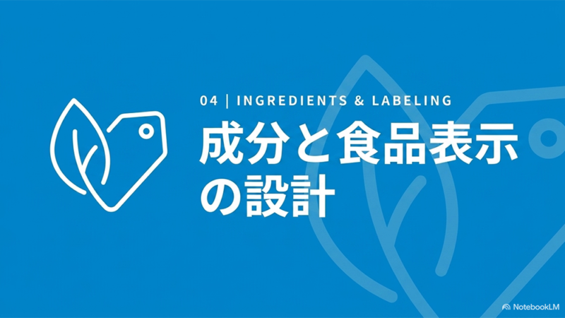 成分と食品表示の設計と書いたテキストと葉やタグのイラストの写真