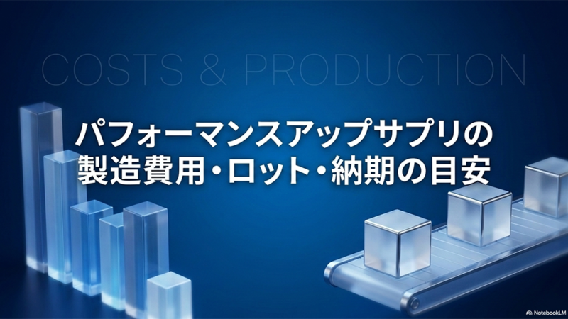 パフォーマンスアップサプリの製造費用・ロット・納期の目安と書いたテキストとベルトコンベアーのイラストの写真
