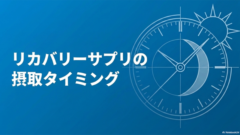 リカバリーサプリの摂取タイミングと書いたテキストと時計のイラストの写真