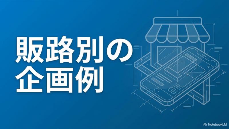 販売別の企画例と書いたテキストとショップとスマートフォンのイラストの写真