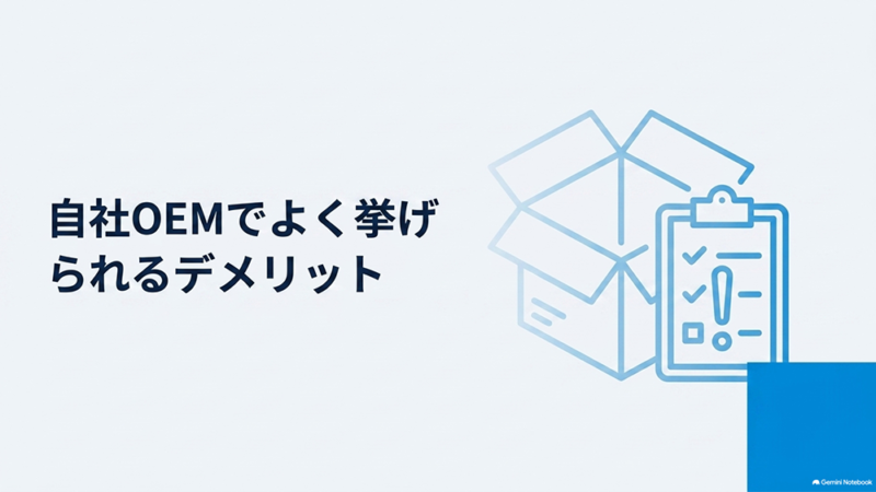 「自社OEMでよく挙げられるデメリット」と書いたテキストと、段ボール箱と感嘆符付きチェックリストのイラストの写真
