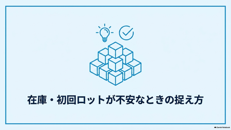 「在庫・初回ロットが不安なときの捉え方」と書いたテキストと、積み上げた箱と電球・チェックマークのイラストの写真
