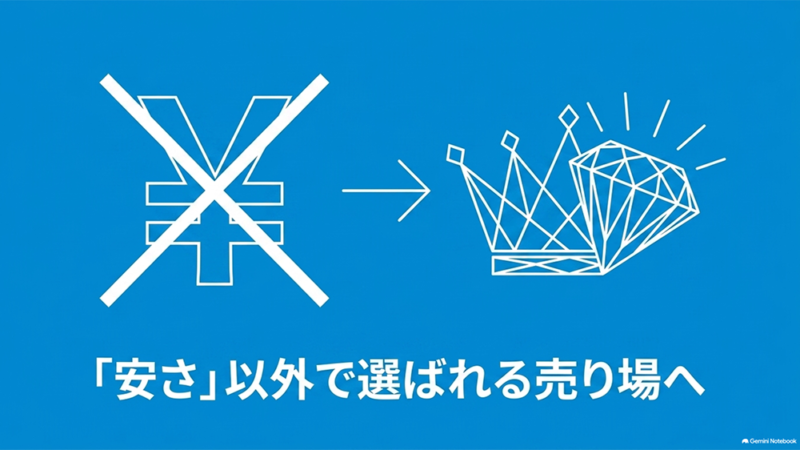 「『安さ』以外で選ばれる売り場へ」と書いたテキストと、バツ印の円マークと王冠・ダイヤモンドのイラストの写真