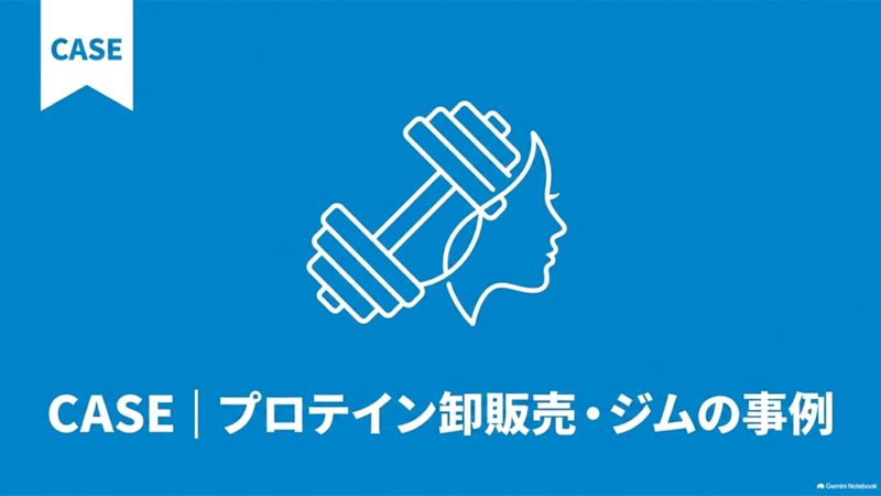 「CASE|プロテイン卸販売・ジムの事例」と書いたテキストと、ダンベルと女性の横顔のイラストの写真