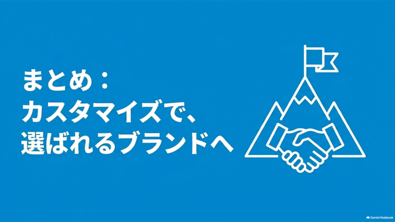 「まとめ:カスタマイズで、選ばれるブランドへ」と書いたテキストと、握手と山と旗のイラストの写真
