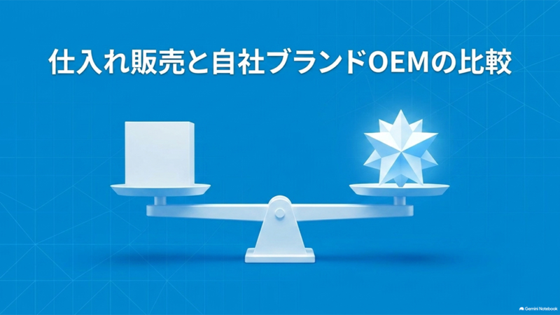 「仕入れ販売と自社ブランドOEMの比較」と書いたテキストと、天秤にキューブと星を乗せたイラストの写真
