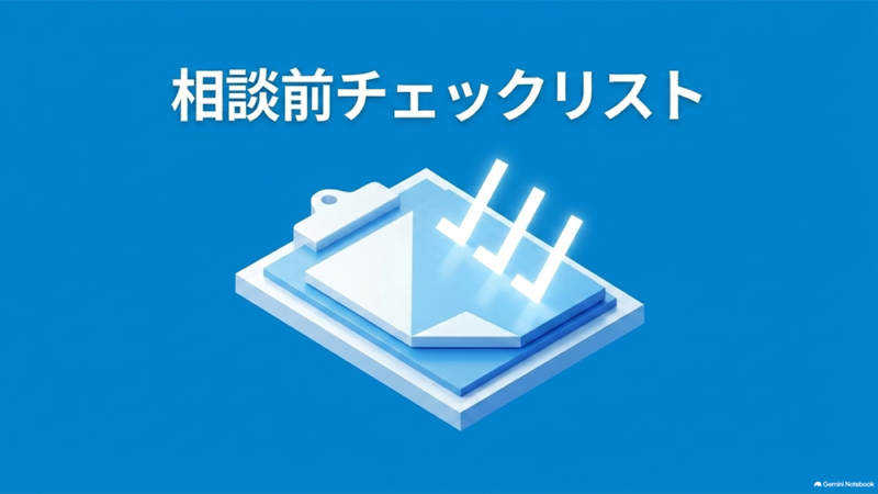 「相談前チェックリスト」と書いたテキストと、クリップボードとチェックマークのイラストの写真