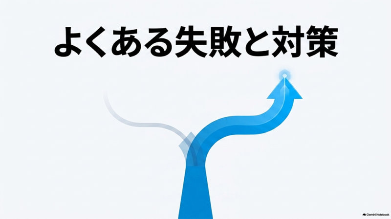「よくある失敗と対策」と書いたテキストと、左右に分かれる道と上向き矢印のイラストの写真