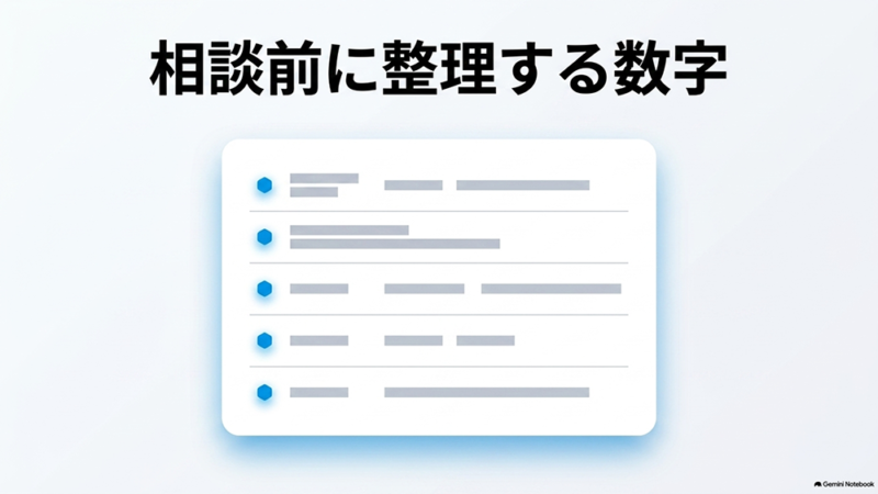 「相談前に整理する数字」と書いたテキストと、チェック付きリストカードのイラストの写真
