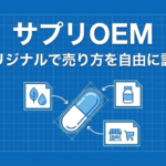 「サプリOEM／オリジナルで売り方を自由に設計」と書いたテキストと、カプセルと原料・ボトル・販売アイコンのイラストの写真