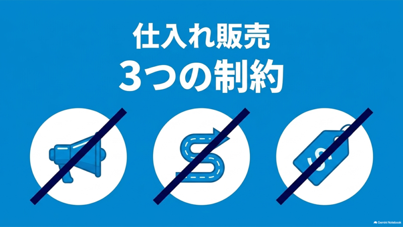 「仕入れ販売／3つの制約」と書いたテキストと、斜線の入った拡声器・道・値札のイラストの写真