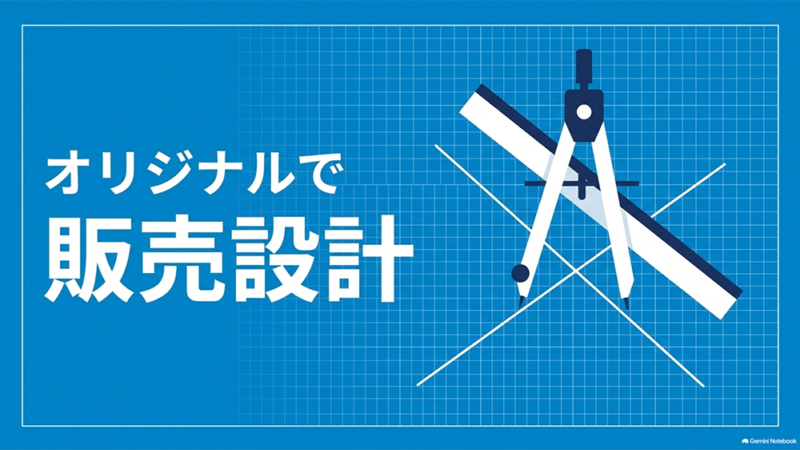 「オリジナルで販売設計」と書いたテキストと、設計図グリッドとコンパス・定規のイラストの写真